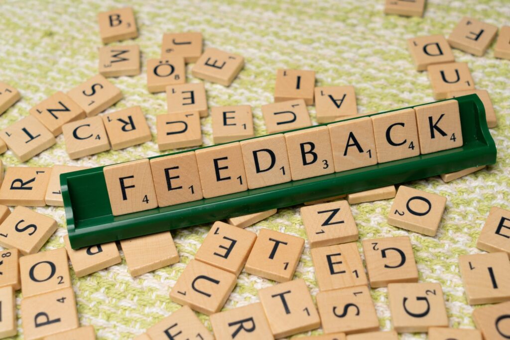 freelance portfolio - feedback is spelled out with scrabble tiles